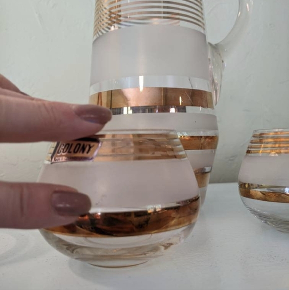 Mid Century Gold Czech Decanter Set Roly Poly Low Ball Glasses - Picture 2 of 9